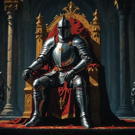 arafed knight sitting on a throne in a castle with a red carpet