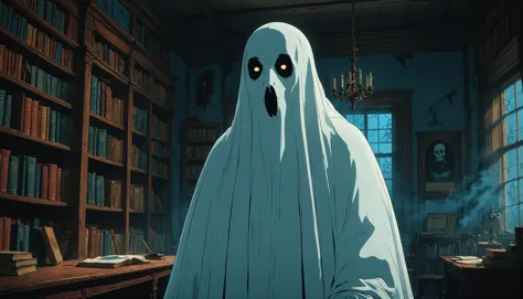 impactful color paint of a ghost in A haunted library ,  1950s comic book style    <lora:Modern_Cartoon_Style:0.5>,    highly detailed,  vibrant colors , 8k,   sharp,  professional, clear,   high contrast, high saturated, , vivid deep blacks, crystal clear