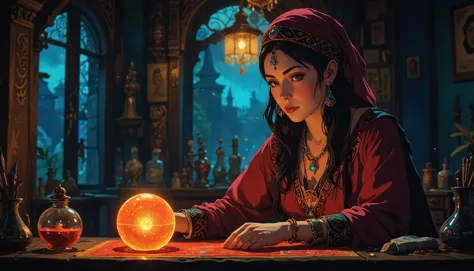 a woman in a red dress sitting at a table with a crystal ball