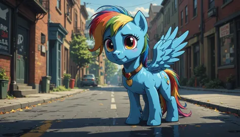 a close up of a pony standing on a street near a building