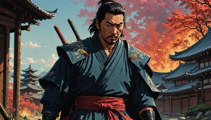 a close up of a man in a samurai outfit holding a sword