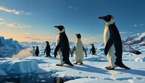 penguins are standing on the ice in the middle of a group