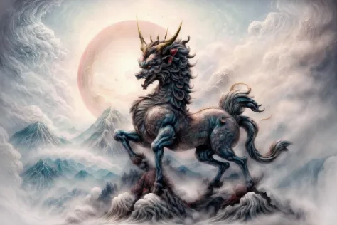 best quality, 8k, <lora:qilin:1> qilin standing on a cloud,  white cloud under hoof, clouds and mountain on background <lora:dan_mumford-18:0.4> danmumford_soul3142 <lora:add_detail:0.7>