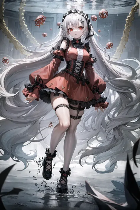 1girl, absurdly long hair, air bubble, breasts, bubble, dress, eyebrows visible through hair, floating hair, full body, hair between eyes, hairband, long hair, long sleeves, looking at viewer, medium breasts, red dress, red eyes, ripples, silver hair, sleeves past wrists, solo, standing, underwater, very long hair, water, waves <lora:gothicL1v:0.6>