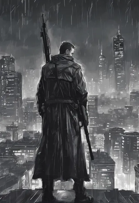 rough brushy digital painting, sketch, a man in a long overcoat with a sniper rifle standing on a rooftop looking out over a cit...