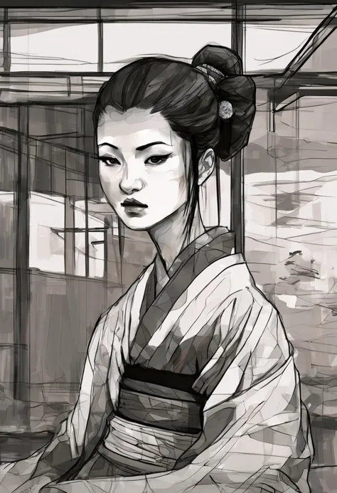 rough brushy digital painting, sketch, a japanese geisha in a teahouse, edo, night, darkness