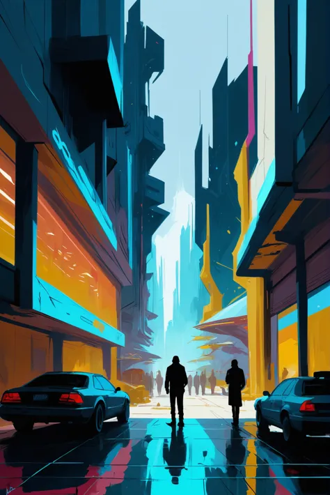 a painting of two people walking down a city street