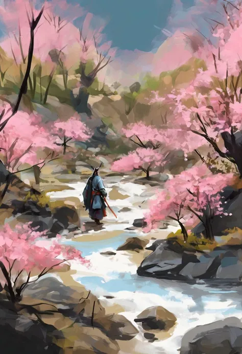 rough brushy digital painting, sketch, japanese samurai warrior in armor, zen garden, spring, sunshine, sakura, meditation, stre...