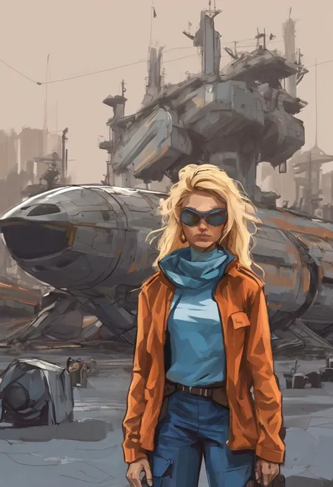 rough brushy digital painting, sketch, a young female starship pilot stood next to a rusty spaceship in a cargo port, distant ci...