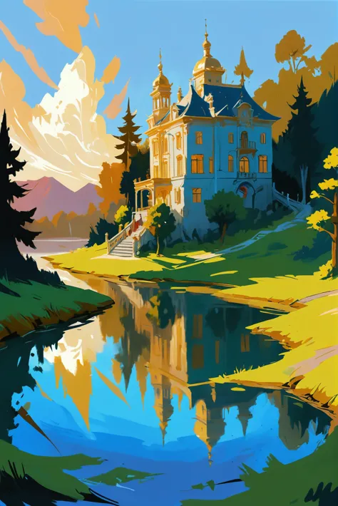 a painting of a castle with a lake in front of it