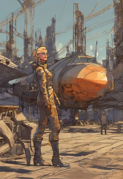 rough brushy digital painting, sketch, a young female starship pilot stood next to a rusty spaceship in a cargo port, distant ci...