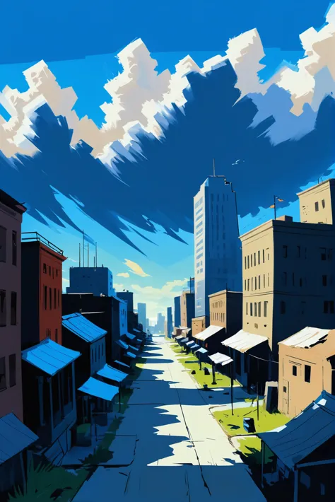 there is a painting of a street with buildings and a sky background