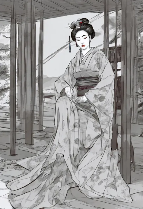 rough brushy digital painting, sketch, a japanese geisha in a teahouse, edo, night, darkness