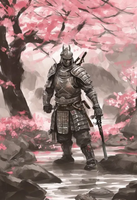 rough brushy digital painting, sketch, japanese samurai warrior in armor, zen garden, spring, sunshine, sakura, meditation, stre...