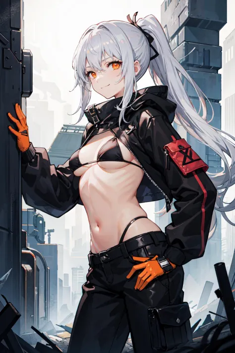Masterpiece, best quality, perfect lighting, 1girl, solo, white hair, puffy hair, ponytail, orange eyes, dark-red cropped jacket, black bikini, black utility pants, breasts, looking at viewer, overcast, dystopian background, ambient lighting, smug, slight ...