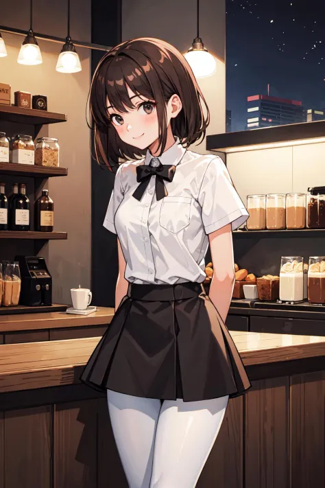 Masterpiece, best quality, perfect lighting, 1girl, solo, dark brown hair, white shirt, skirt, black pantyhose, barista uniform,...