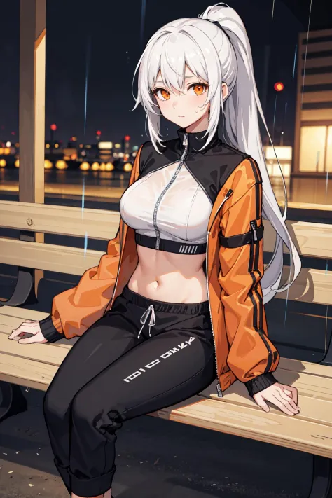 Masterpiece, best quality, perfect lighting, 1girl, solo, white hair, ponytail, orange eyes, cropped jacket, black sweatpants, breasts, nighttime, wallpaper, looking at viewer, raining, sitting on bench