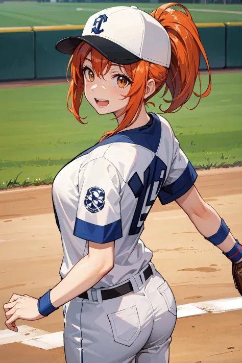 Masterpiece, best quality, perfect lighting, 1girl, solo, orange hair, baseball cap, baseball uniform, ponytail, baseball field scene, open mouth, smile, breasts, from behind pov,