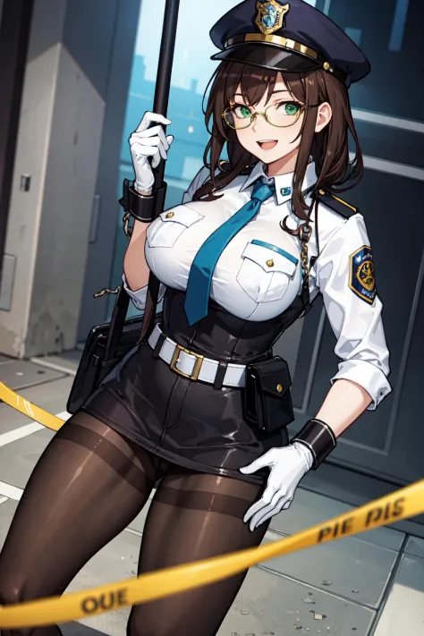 Masterpiece, best quality, perfect lighting, 1girl, solo, breasts, brown_hair, cuffs, glasses, gloves, green_eyes, handcuffs, hat, large_breasts, open_mouth, pantyhose, police, police_uniform, policewoman, smile,