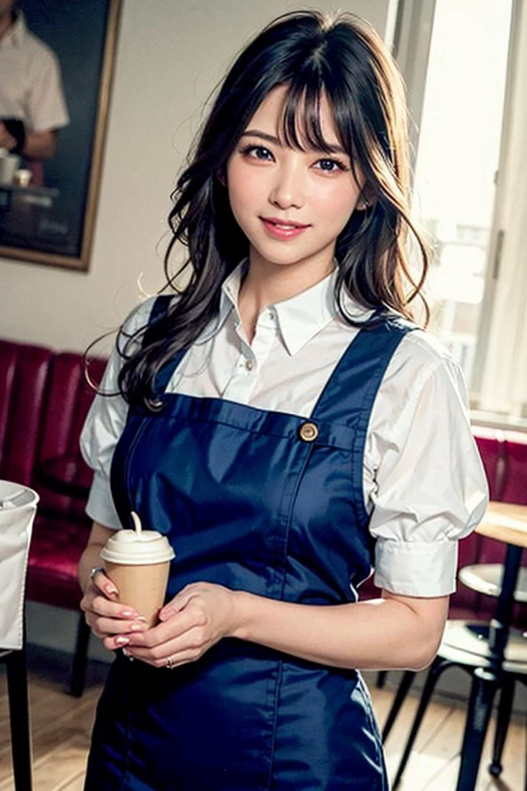 looking at viewer,cinematic light, ultra high res, 8k uhd, film grain, 40 years old cute and beautiful waitress,asian, at cafe,white apron,brown shirts,tan skin,braid, black hair,standing,ultra-detailed eyes, gradient eye,smiles,open mouth,shiny brown eyes, water color background, {{{waitress suit}}},cafe table, guests,foods,cakes,coffee,coffee cups,sfw:1.8,