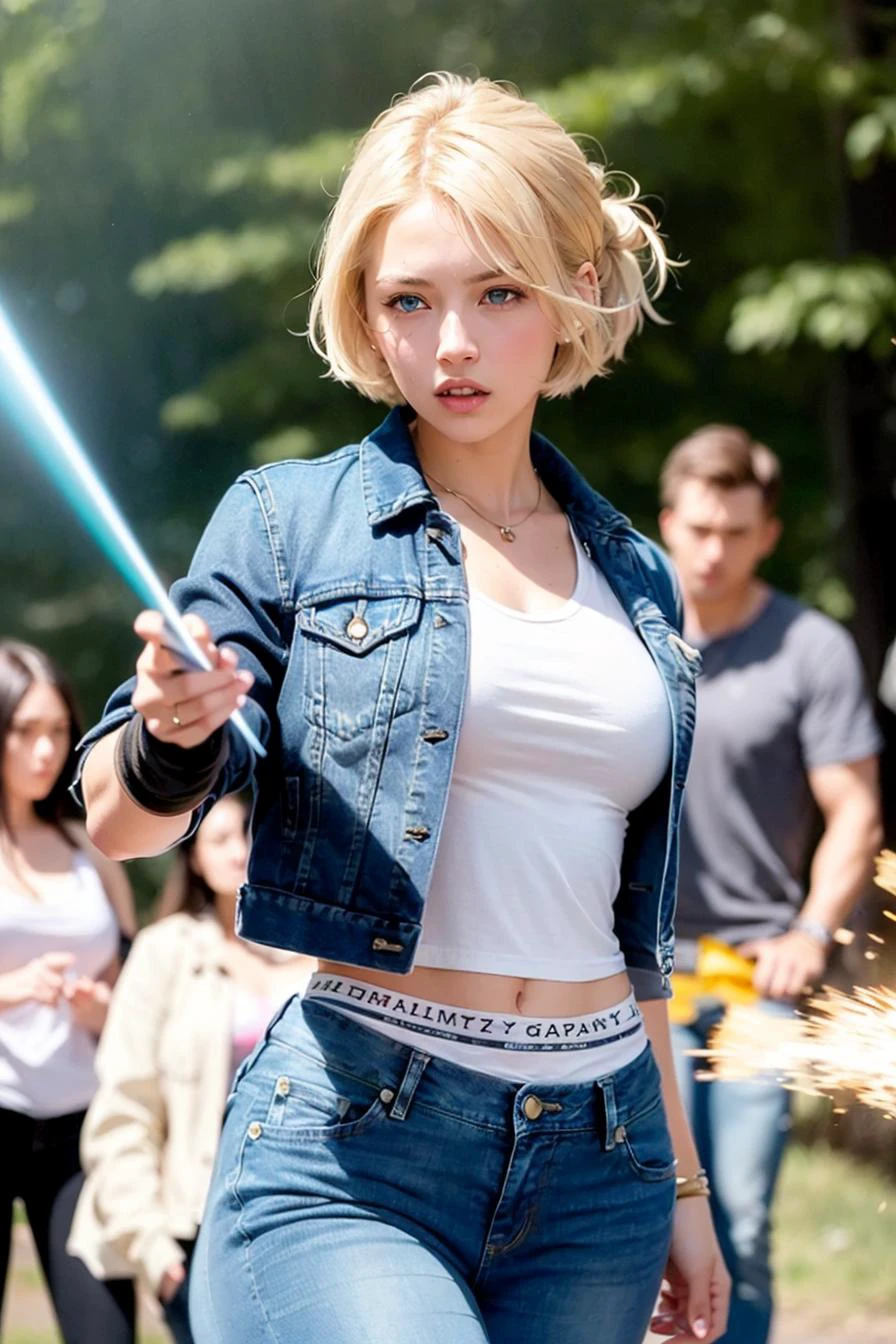 (((1 girl,  cute, denim jacket, white top, jeans, Gloves, blond, short hair, bob hair,  side parted hair, blue eyes))), (((blond hair))), 
dynamic poses, manga style, depicting a group of characters in various action scenes, from intense battles to lighthearted moments, with dramatic speed lines and bold sound effects, capturing the excitement and energy of the story, Laser rays from the palm of hand, Attack forward with palm, yellowstone park, Grand Canyon,