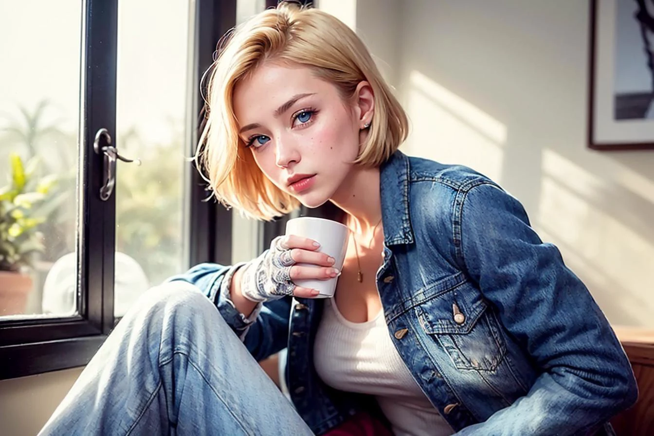 (((1 girl,  cute, denim jacket, white top, jeans, Gloves, blond, short hair, bob hair,  side parted hair, blue eyes))), (((blond hair))), 
dynamic poses, manga style, 
solo, sitting, a young and beautiful woman holding a cup of coffee with both hands, looking out the window with a soft smile, with a curious cat outside on the windowsill, surrounded by warm and cozy interior decor.