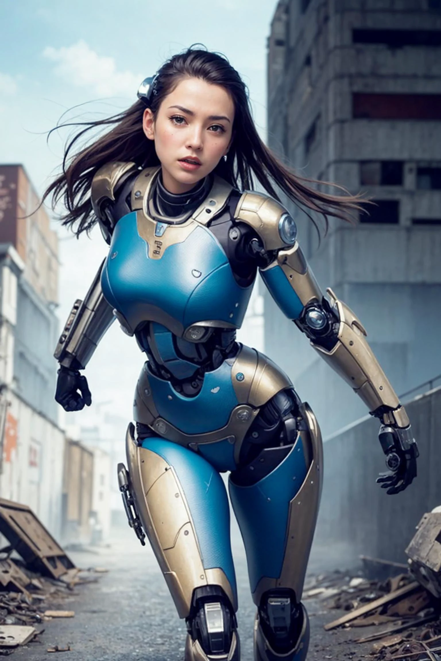 1girl, solo, Japanese girl, (((cyborg:1.4))), cyborg girl, cyborg armor, cyborg clothing, beautiful detailed eyes, finely detail, bright pupils, turquoise eyes, full body, large breasts:0.8, (((floating hair))), looking at viewer, pov, female focus, puffy eyes, long hair, gorgeous hair, air bangs, dynamic pose, dynamic angle, close-up, thighs open, showing panties,  exposed, fighting stance, fighting pose, run forward, running,(((golden metallic color | red metallic color | blue metallic color))),(((Metallic luster, metal reflective, mechanical details, extremely mechanical details, complex mechanical structure))), (((Mirrored Power Armor, fallout 4, fallout))), 

defeated, corpse, bleed, battlefield, mechanized background, giant robot in the background, outdoors, cinematic lighting, Cyberpunk world. Cyberpunk metropolis, neon, Sci-fi style, sfw:1.98,