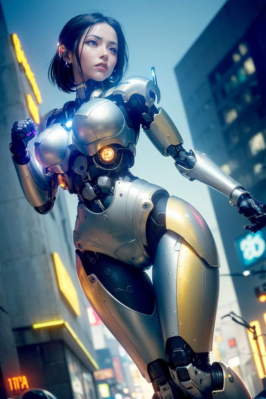 1girl, solo, Japanese girl, (((cyborg:1.4))), cyborg girl, cyborg armor, cyborg clothing, beautiful detailed eyes, finely detail, bright pupils, turquoise eyes, full body, large breasts:0.2, (((floating hair))), looking at viewer, pov, female focus, puffy eyes, short hair, bob hair, air bangs, dynamic pose, dynamic angle, close-up, fighting stance, fighting pose, run forward, running,(((golden metallic color | red metallic color | blue metallic color))),(((Metallic luster, metal reflective, mechanical details, extremely mechanical details, complex mechanical structure))), (((Mirrored Power Armor))), defeated, corpse, bleed, battlefield, mechanized background, giant robot in the background, outdoors, cinematic lighting, Cyberpunk world. Cyberpunk metropolis, neon, Sci-fi style, sfw:1.98,
