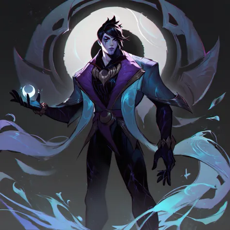 score_9, score_8_up, score_7_up, league of legends, lol, splash art, purple atmosphere, black background, moody background, white crescent moon, Aphelios, black eyes, 1man, solo, robe, black hair, face makeup, black gloves, bracelet, black pants, black boots, concept art,  <lora:Concept Art Twilight Style SDXL_LoRA_Pony Diffusion V6 XL:1>  <lora:ApheliosNormal:1>  <lora:LoL Splash V2:1>   OverallDetailXL