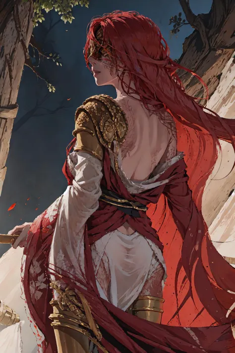 a close up of a woman in a red dress holding a sword