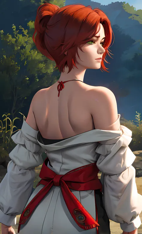 <lora:shaniW3:0.65> (shaniw3), 1girl, red hair, short hair, green eyes, <lora:OffShoulderKimono:0.8> japanese clothes, from behind, bare shoulders, off shoulder, hyperrealistic photo by Seebas Apterus and Larry Bell art, blending, smooth, detailed expressions, artstyle, detailed eyes, HDR, UHD, 64k, RTX, sharp, sharp focus, highly detailed, intricate detail, professional, artistic flow, ultra detailed, high resolution photography, (bright colors)