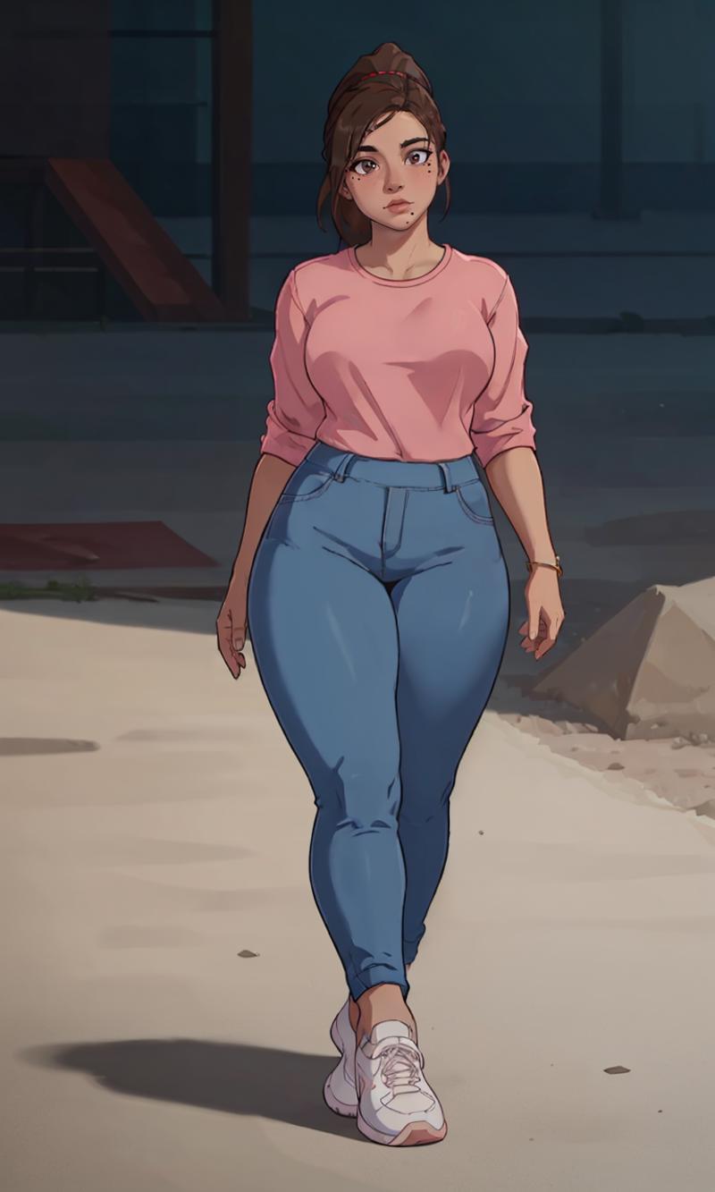 A cartoon woman walking down a sidewalk in a pink shirt and blue jeans -  SeaArt AI