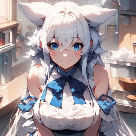 long_hair, 1girl, blue_eyes, white_hair, hair_between_eyes, animal_ears, bangs, large_breasts, blush       ,  dress, apron, bare...