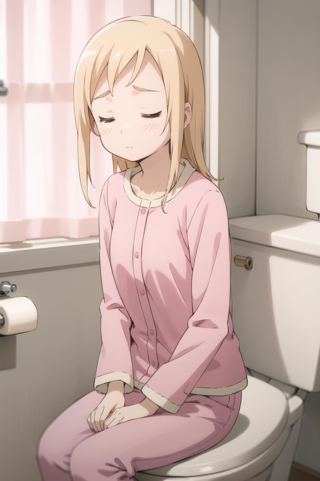 Anime girl sitting on a toilet in a bathroom with her eyes closed - SeaArt  AI