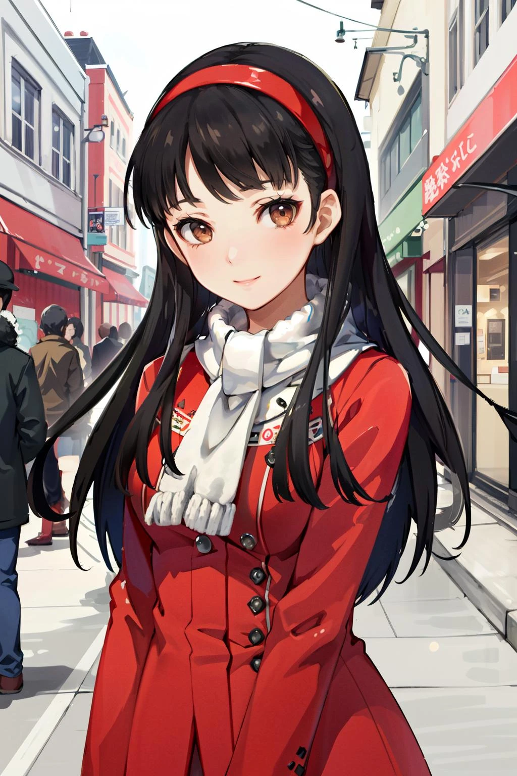 ((masterpiece, best quality))
 Persona4YukikoAmagi, 1girl, solo, long hair, black hair, brown eyes, headband, in a winter wonderland, cowboy shot, winter clothing, smile