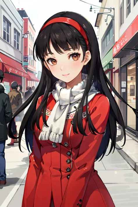 ((masterpiece, best quality))
 <lora:Persona4YukikoAmagi:0.8>
Persona4YukikoAmagi, 1girl, solo, long hair, black hair, brown eyes, headband, in a winter wonderland, cowboy shot, winter clothing, smile