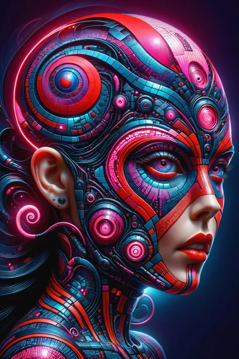 the head of a mad_colored_mosaic cyberpunk woman, DonMW15pXL,neon_red, neon_red, floating arcane astral translucent swirls <lora:Colorful_Mosaic_SDXL:1>  <lora:DonMW15pXL:0.8> ,, <lora:EnvyBetterHiresFixXL01:1>, masterpiece, best quality, ultra high res, (...