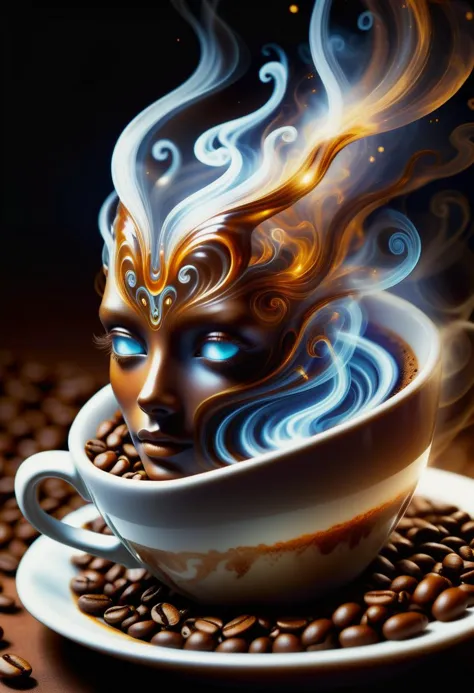 hyper detailed masterpiece, dynamic, awesome quality,female coffee spirit, transparent Ethereal entity embodying the essence of ...
