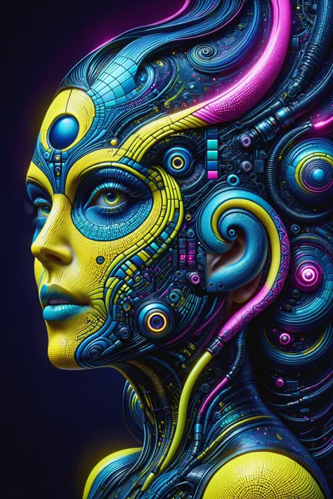 a woman with a colorful face and a futuristic hair