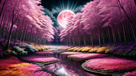 Alex, ink on paper, deep lush forest, fractal jungle, (((heavy pink fog everywhere))), (((very large moon))), X ray vision, (((r...