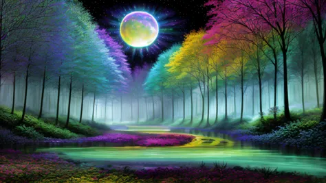 Alex, watercolor, blacklight paint, bright pastel colors, deep lush forest, glowing jungle, (heavy neon misty fog), (very large ...