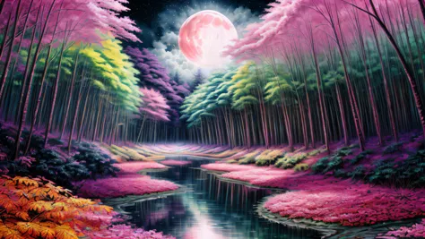 Alex, ink on paper, deep lush forest, hugging, Foreheads Touching, jungle, (((heavy pink fog))), (((very large moon))), X ray vi...