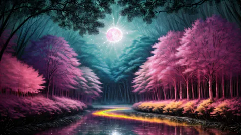 Alex, ink on paper, deep lush forest, fractal jungle, (((heavy pink fog everywhere))), (((very large moon))), X ray vision, (((r...