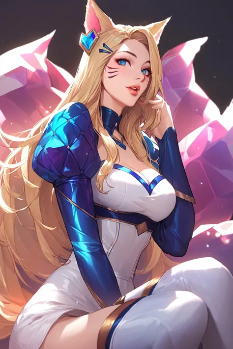 1girl,ahri \(league of legends\),solo,long hair,looking at viewer,blue eyes,large breasts,blonde hair,long sleeves,hair ornament...