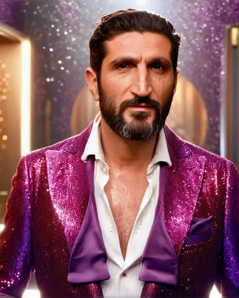 (untiboti:1.2), side view profile of a 55 years old Fares Fares wearing a purple RedGlitter suit with a unbuttoned white shirt, ...