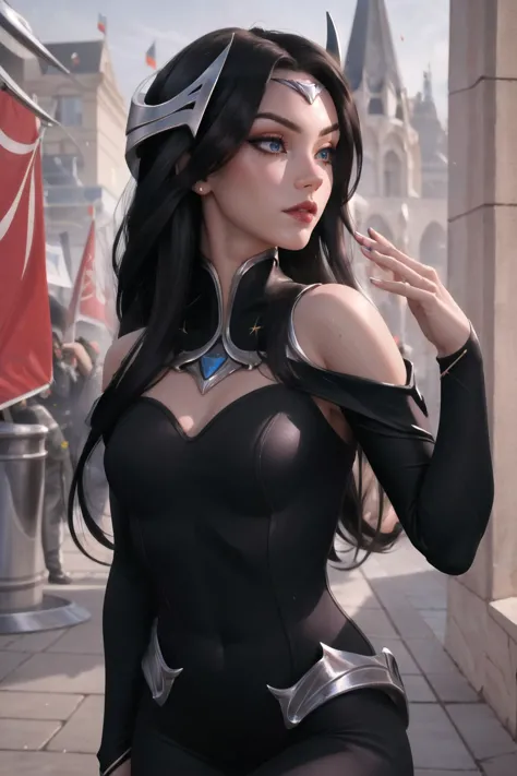 Highly detailed, High Quality, Masterpiece, beautiful, 1girl, solo, Irelia, <lora:Char_LoL_Irelia:0.7>, edgEV, wearing edgEV_vintage dress, <lora:Outfit_EuropeanVintage:0.8>, dress, black dress