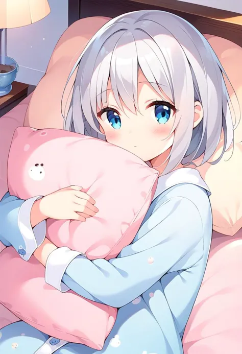 anime girl laying in bed with a pink pillow and a stuffed animal