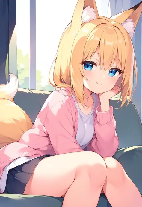 anime girl with cat ears sitting on a couch with her hand on her chin