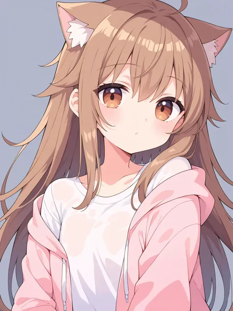 score_9, score_8_up, score_7_up, highly detailed, BREAK source_anime, <lora:flat_sdxl:0.8>,
1girl, cat ears, animal ear fluff, white t-shirt, pink hoodie, portrait, brown hair, long hair, messy hair, flat chest, hair flaps, open hoodie,