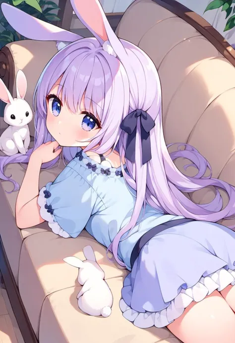 anime girl laying on a couch with a bunny and a rabbit